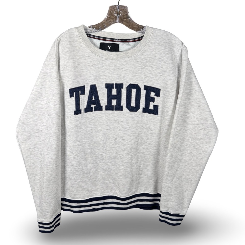 Valani Tahoe Sweatshirt M Grey Heather Chenille Patch Pullover Striped Crew